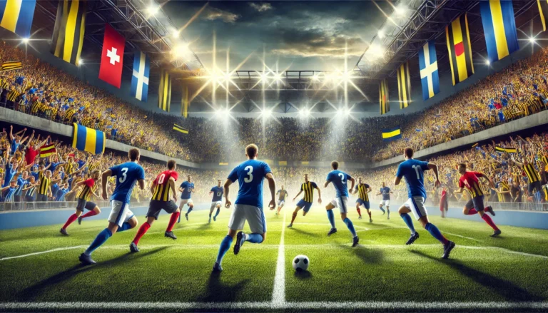 DALL·E 2025-02-17 19.36.33 - A high-energy football match scene in a packed stadium, featuring players from two teams in blue and yellow-red uniforms. The crowd is cheering with f
