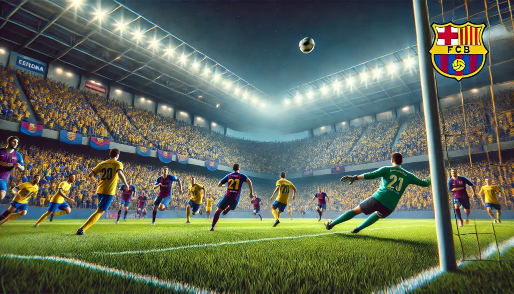 DALL·E 2025-02-22 22.07.16 - A highly realistic football match scene between Las Palmas and Barcelona in a packed stadium. The stadium is filled with cheering fans, bright stadium